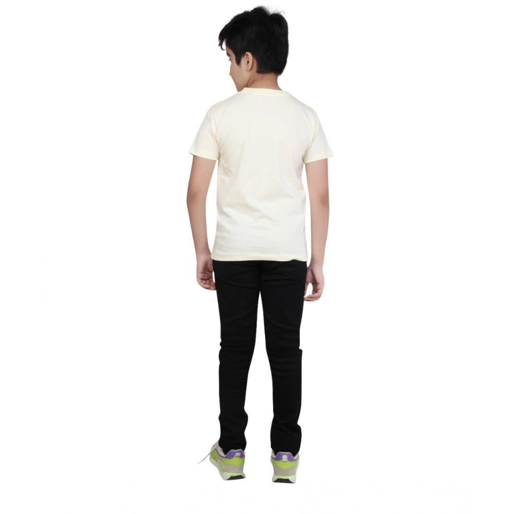 Beige cotton boy's graphic printed round neck t-shirt with short sleeves