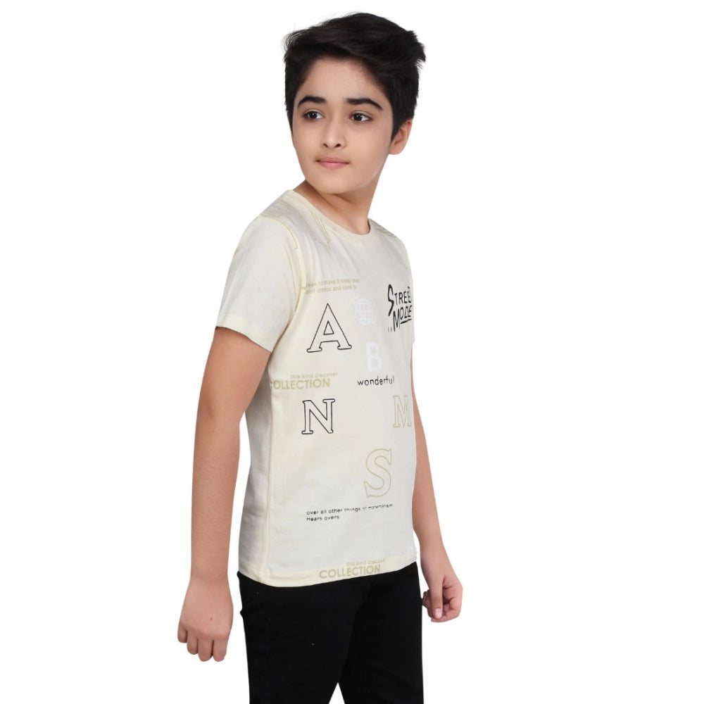 Beige cotton graphic print round neck T-shirt for boys, short sleeves with vibrant design
