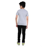 Grey melange cotton graphic print boy's round neck t-shirt, vibrant graphics on short sleeves