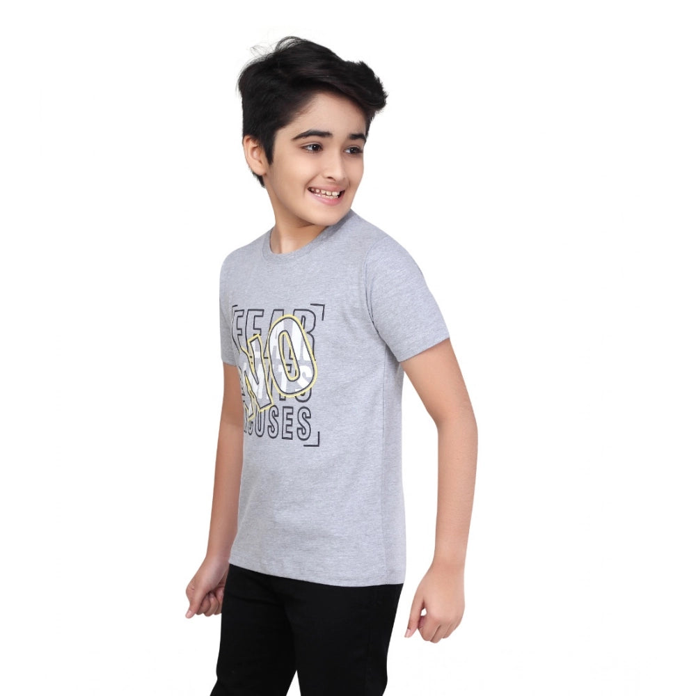 Grey melange cotton graphic print boy's round neck t-shirt with short sleeves