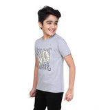 Grey melange cotton graphic print boy's round neck t-shirt with short sleeves