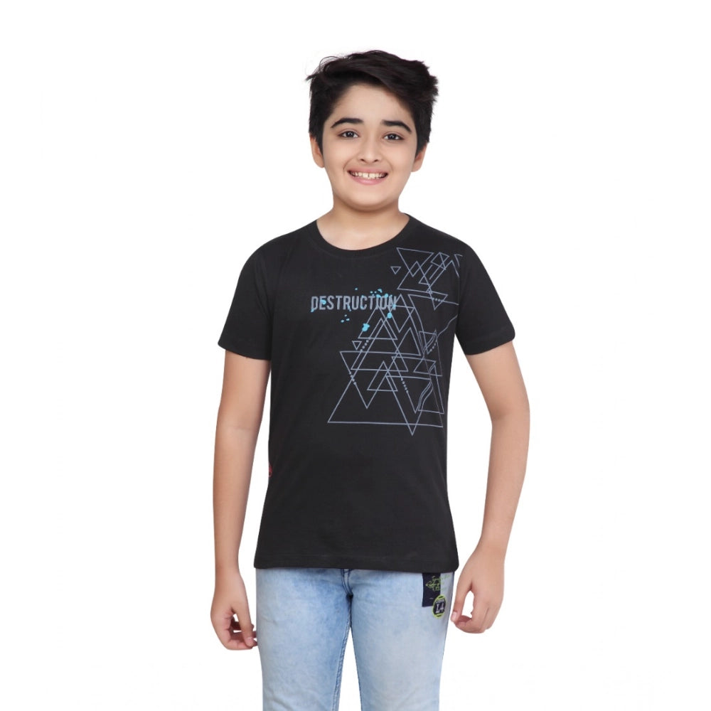 Black cotton graphic print boy's round neck t-shirt with short sleeves, vibrant design detail