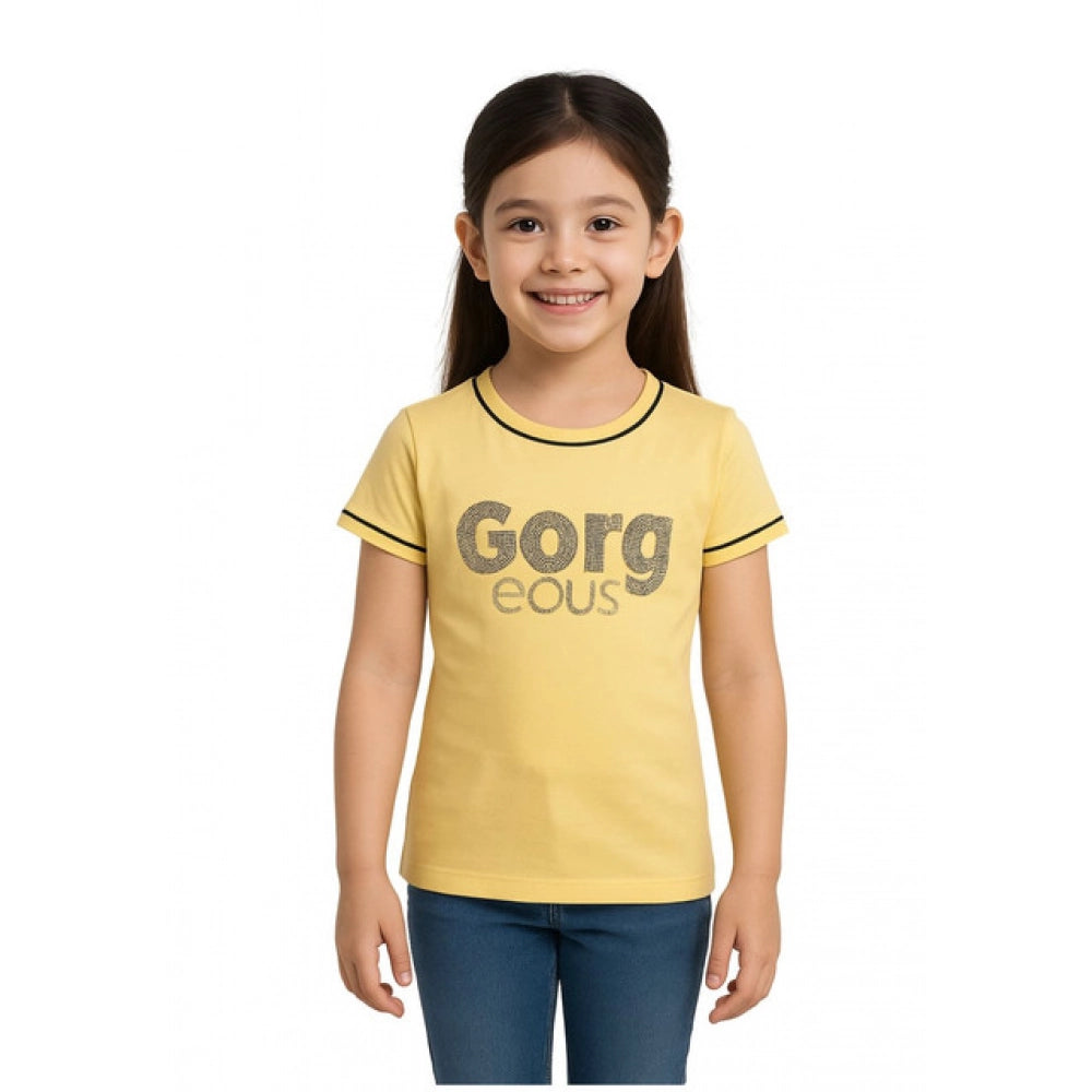 Yellow cotton printed round neck t-shirt for girls, perfect casual wear