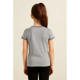 Grey cotton printed round neck t-shirt for girls - casual wear, vibrant design on short sleeves