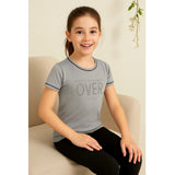 Grey cotton printed round neck T-shirt for girls, short sleeves with vibrant design