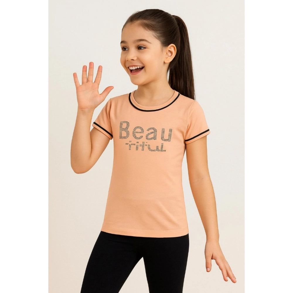Girl's cotton printed round neck t-shirt (Sandal Beach), short sleeve, casual wear on mannequin