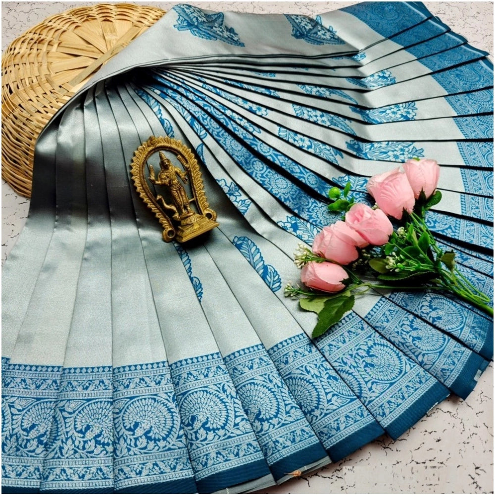 Silver blue soft silk printed saree with unstitched blouse (3D embossed design), ideal for traditional wear
