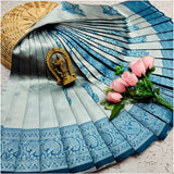 Silver blue soft silk printed saree with unstitched blouse (3D embossed design), ideal for traditional wear