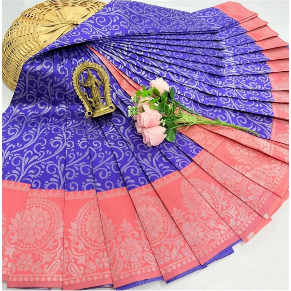 Indigo blue soft silk saree with unstitched blouse, intricate 3D embossed pattern on display
