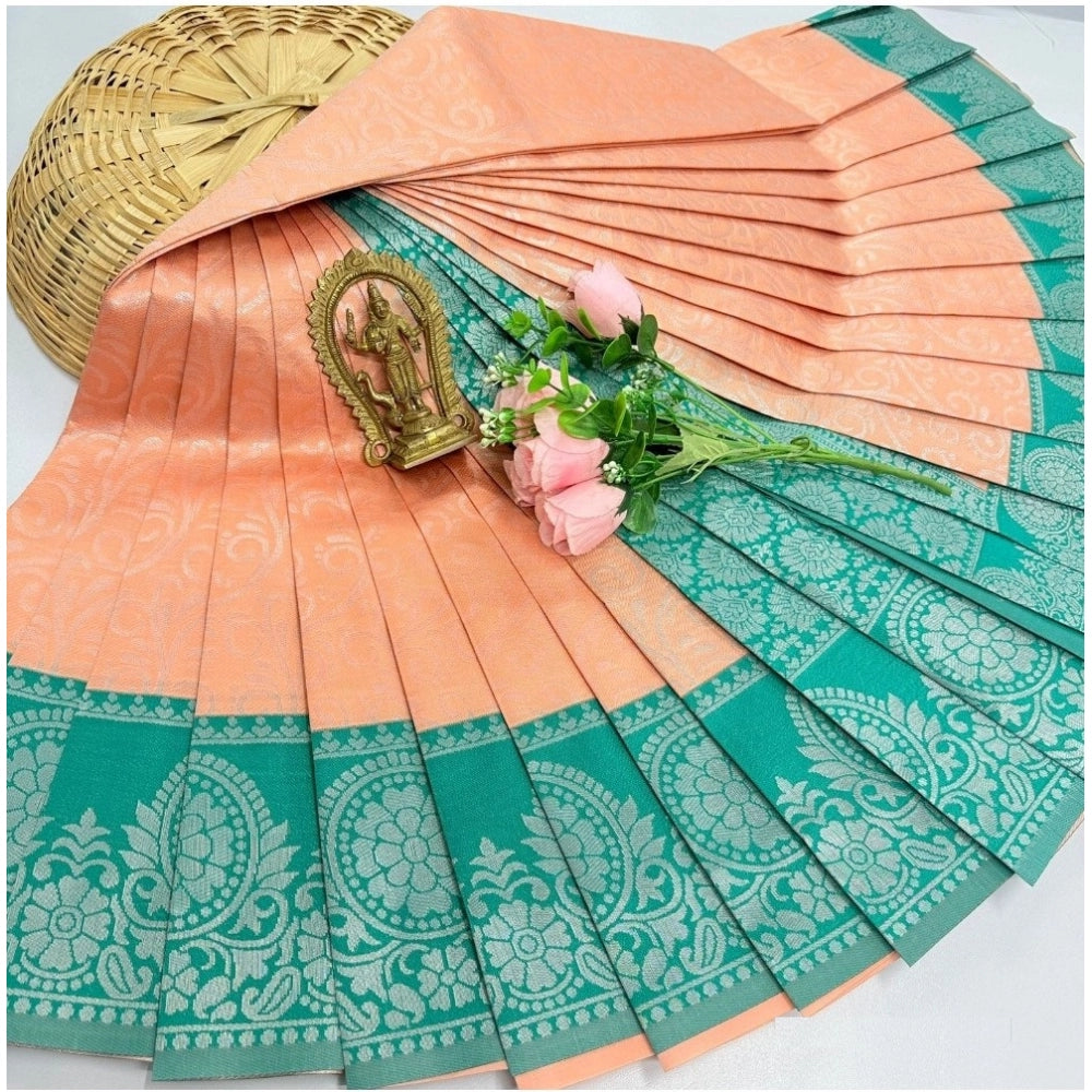Orange soft silk saree with unstitched blouse (3D embossed pattern), ideal for special occasions