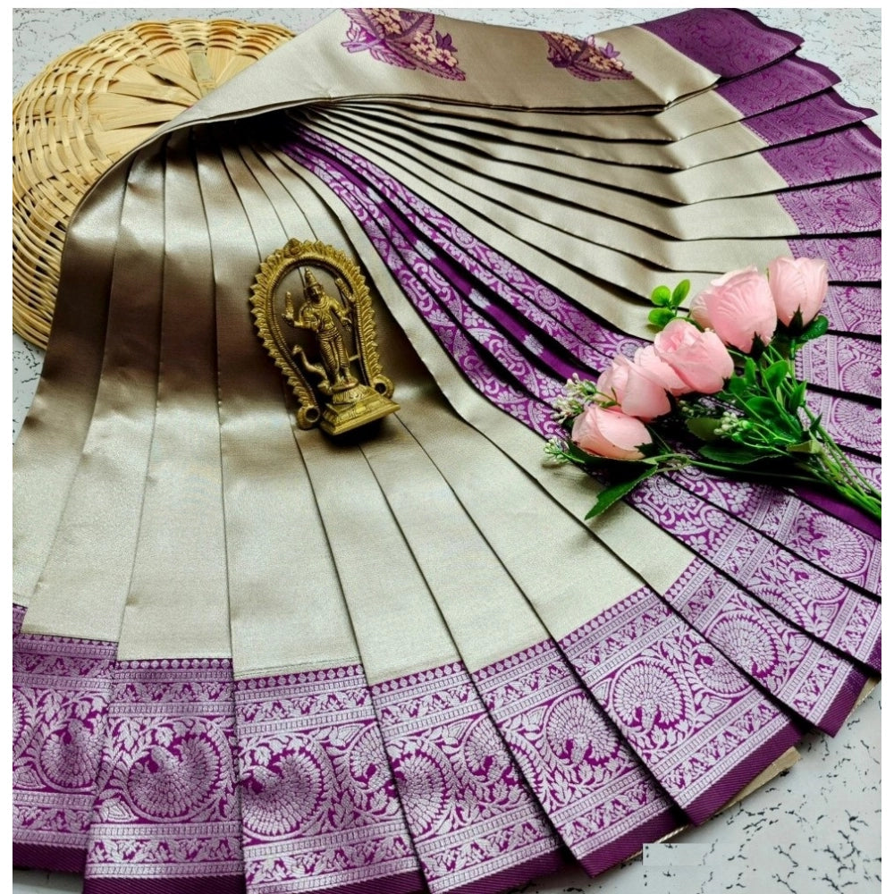 Purple soft silk printed saree with unstitched blouse (3D embossed pattern), 5.5mtr length