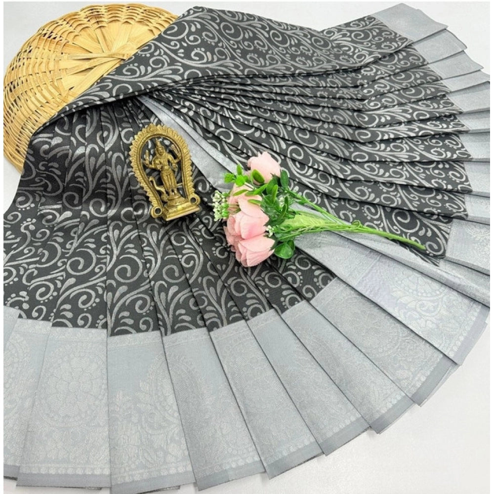 Women's Soft Silk Printed Saree With Unstitched Blouse 5.5Mtr (Grey)