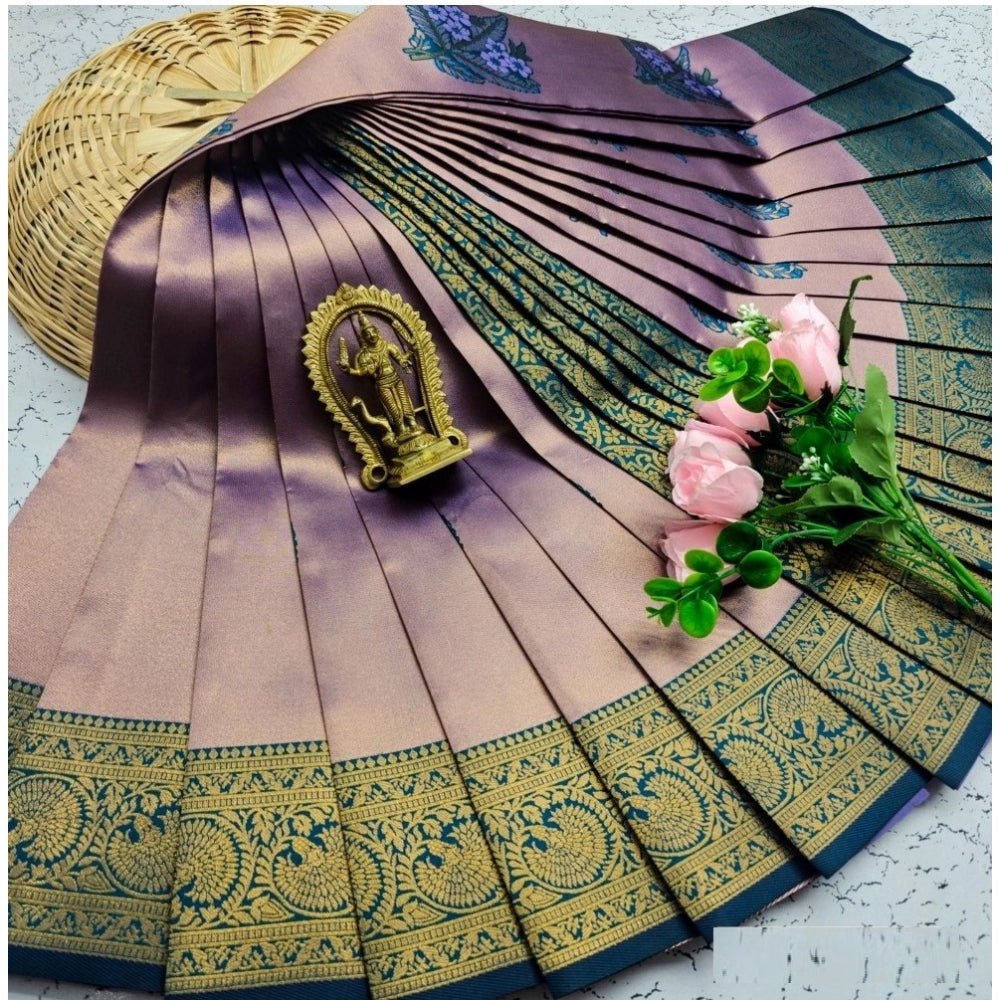 Lavender soft silk printed saree with unstitched blouse (5.5mtr), 3D embossed pattern