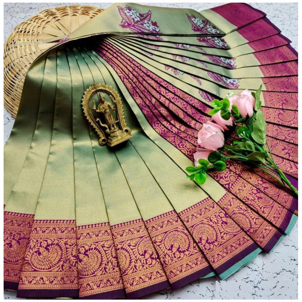 Pista Green soft silk printed saree with unstitched blouse (3D embroidered), ideal for traditional Indian wear