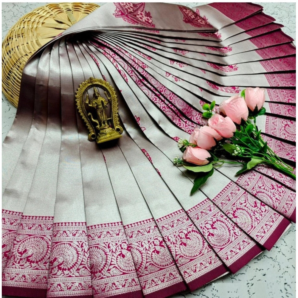 Silver Brown soft silk printed saree with unstitched blouse (3D embossed), ideal for Indian women's fashion