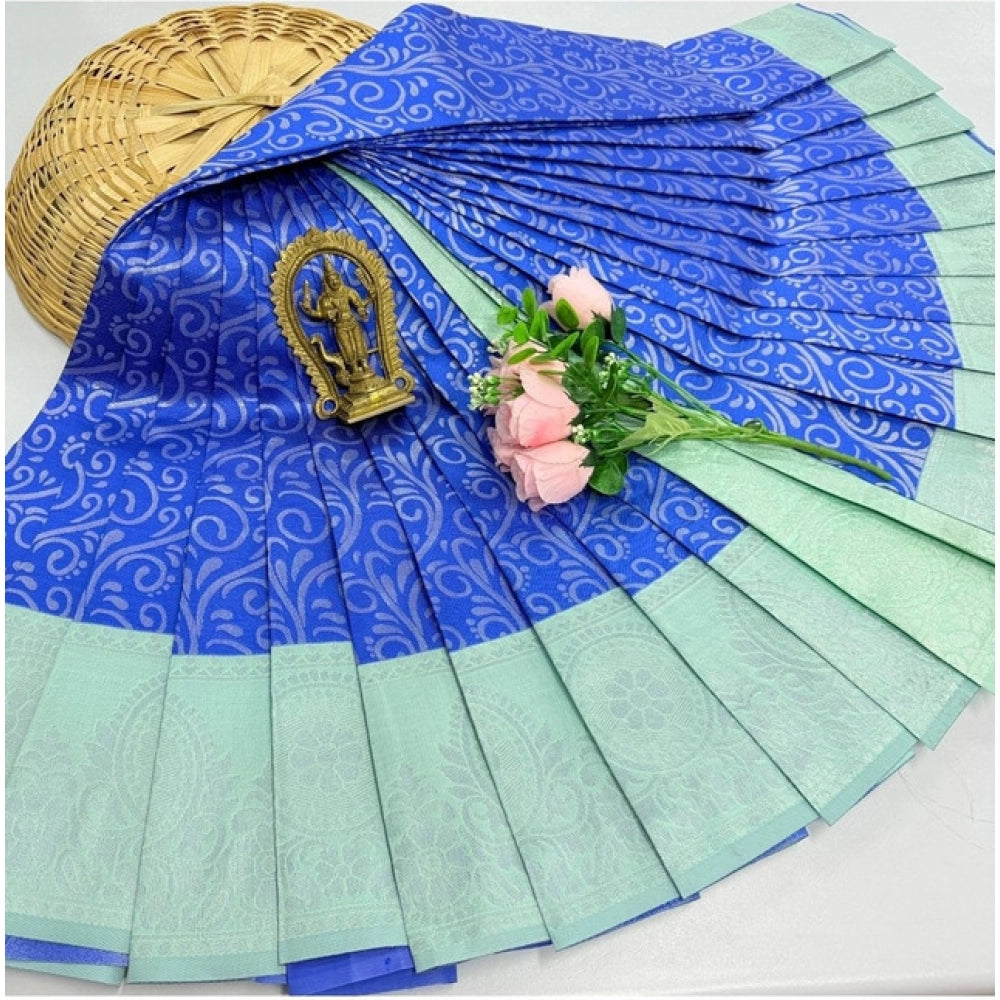 Royal Blue soft silk printed saree with unstitched blouse (3D embossed design), 5.5mtr length