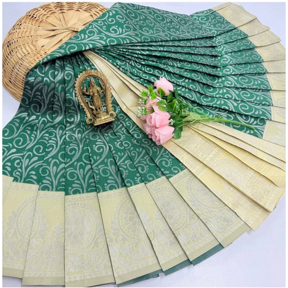 Green soft silk printed saree with unstitched blouse (3D embossed pattern), ideal for traditional wear