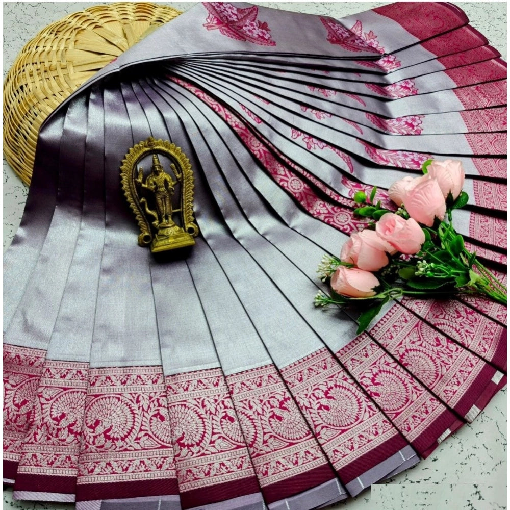 Dark grey soft silk saree with unstitched blouse (3D embroidered), ideal for traditional Indian wear