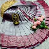 Dark grey soft silk saree with unstitched blouse (3D embroidered), ideal for traditional Indian wear