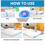 Plastic vacuum storage bags with hand pump for compressing clothes, bedding, and blankets. Efficiently save space in closets, drawers, and luggage. Color may vary
