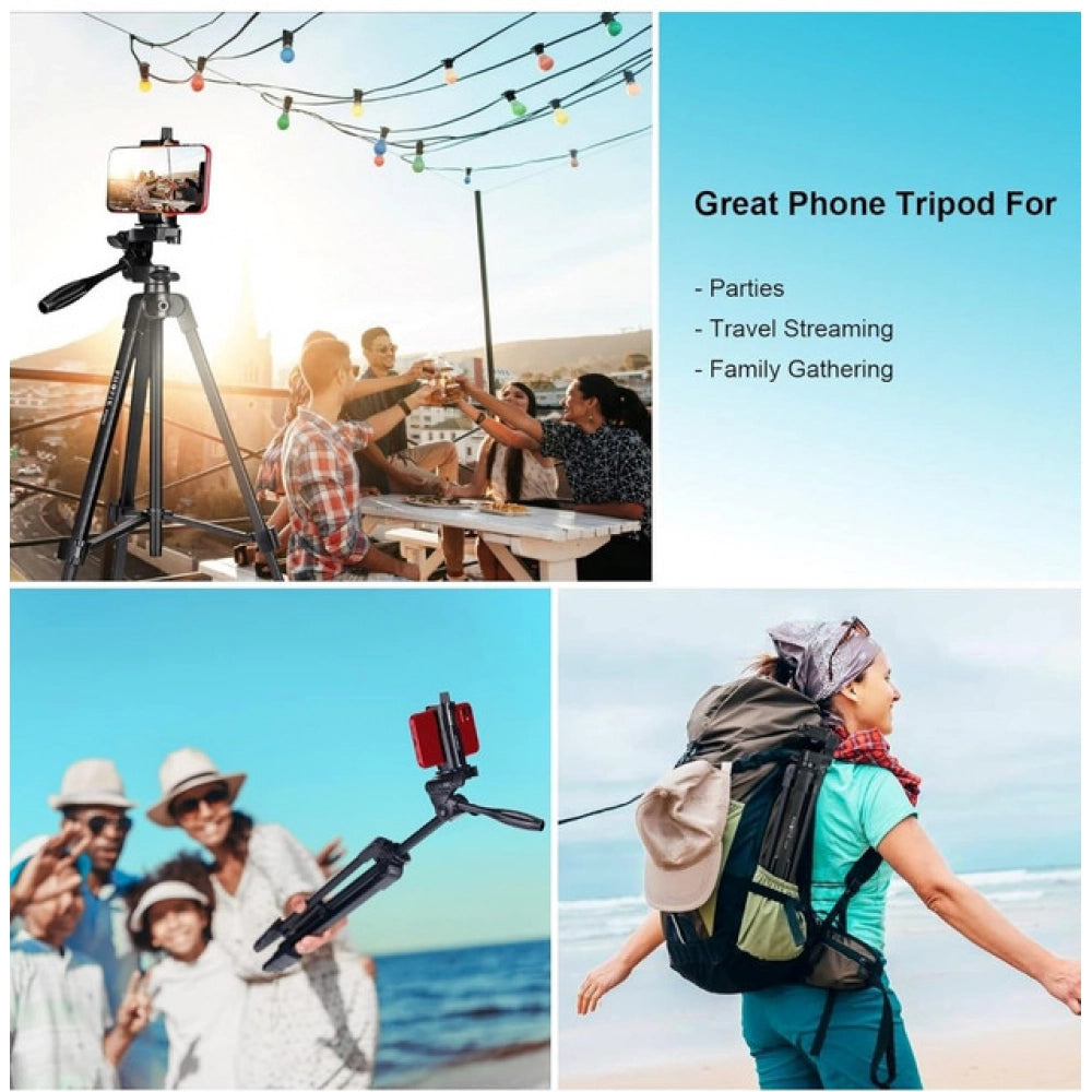 Steel-Plastic universal tripod with 360° pan-tilt head for versatile shooting angles, supports cameras, smartphones, and more