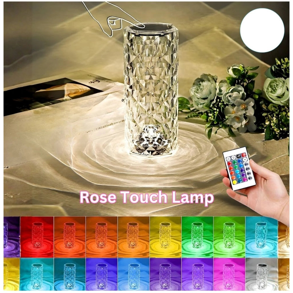 Crystal plastic LED rose lamp with diamond-cut pattern, ideal for decorating rooms on special occasions like birthdays, anniversaries, or Valentine's Day. Actual product color may differ slightly." (124 characters)