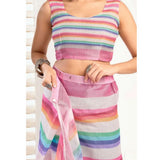 Women's Faux_Linen Printed Ready-to-Wear Saree With Unstitched Blouse 5.5 Mtr (Multicolor)