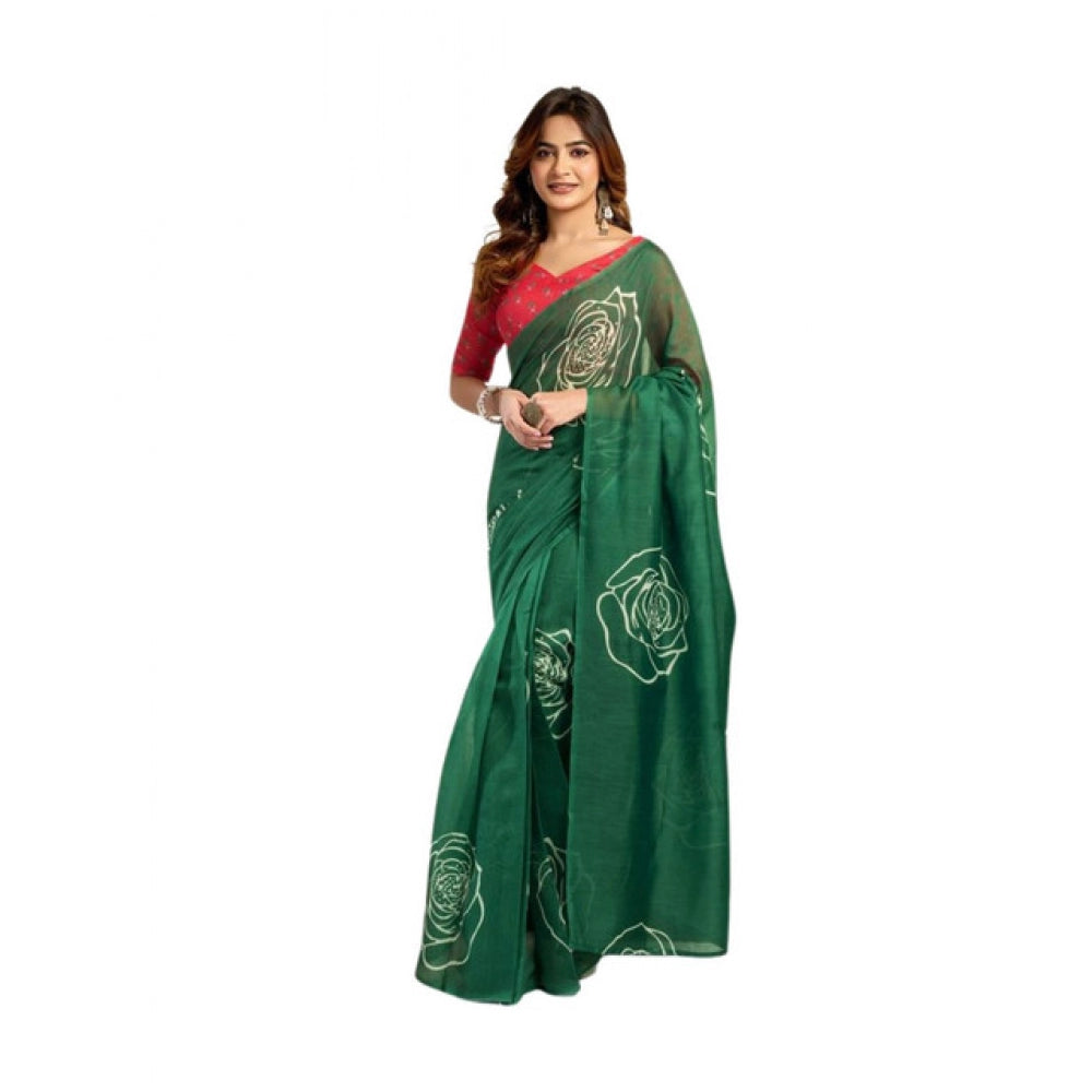 Dark green faux linen printed ready-to-wear saree with unstitched blouse, vibrant design on display