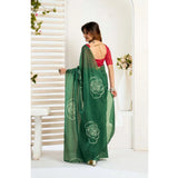 Dark green faux linen printed ready-to-wear saree with unstitched blouse, vibrant floral pattern on display