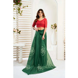 Dark green faux linen printed ready-to-wear saree with unstitched blouse (5.5 mtr), traditional Indian apparel on display