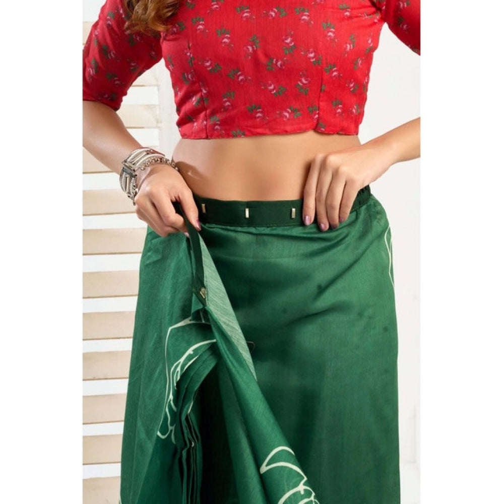 Dark green faux linen printed ready-to-wear saree with unstitched blouse (5.5mtr), fashionable Indian attire on mannequin