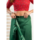 Dark green faux linen printed ready-to-wear saree with unstitched blouse (5.5mtr), fashionable Indian attire on mannequin