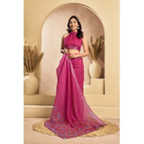 Women's Faux_Linen Printed Ready-to-Wear Saree With Unstitched Blouse 5.5 Mtr (Pink)