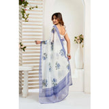 Women's Faux_Linen Printed Ready-to-Wear Saree With Unstitched Blouse 5.5 Mtr (White)