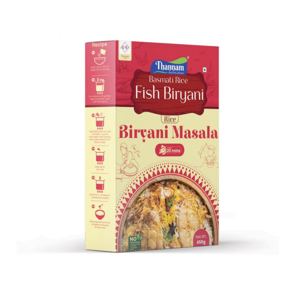 Thannam Fish Biryani Masala Powder (200GM), vegetarian spice blend with coriander, chilly, pepper, fenugreek, mustard, jeera, fennel, cinnamon, clove, cardmom, dry ginger, garlic, curry leaf, turmeric and salt. Natural ingredients, color and flavor may vary slightly due to seasonal changes