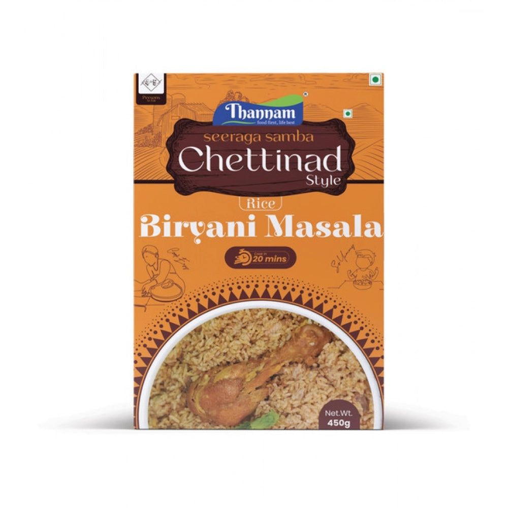 Thannam Chettinadu Biryani Masala Powder With Rice (450GM), vegetarian spice blend of Seera Samba Rice, Kashmiri Chilli, Black Pepper, turmeric, coriander powder, onion powder, ginger powder, garlic powder, cassia powder, cardamom powder, refined sunflower oil - aromatic and flavorful Indian rice mix