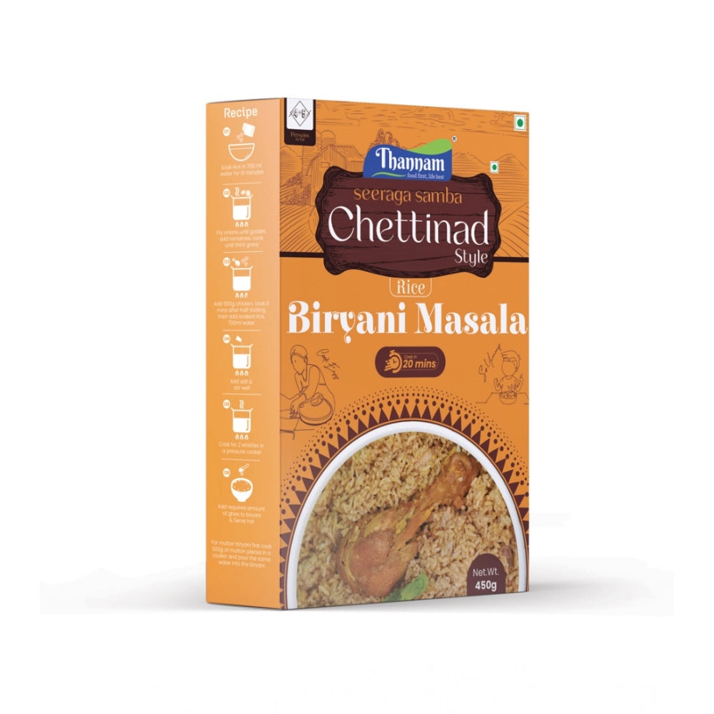 Thannam Chettinadu Biryani Masala Powder With Rice (450GM) - Vegetarian spice blend of Seera Samba Rice, Kashmiri Chilli, Black Pepper, Turmeric, Coriander, Onion, Ginger, Garlic, Cassia, Cardamom, Refined Sunflower Oil. Aromatic and flavorful dry mix for a traditional dish