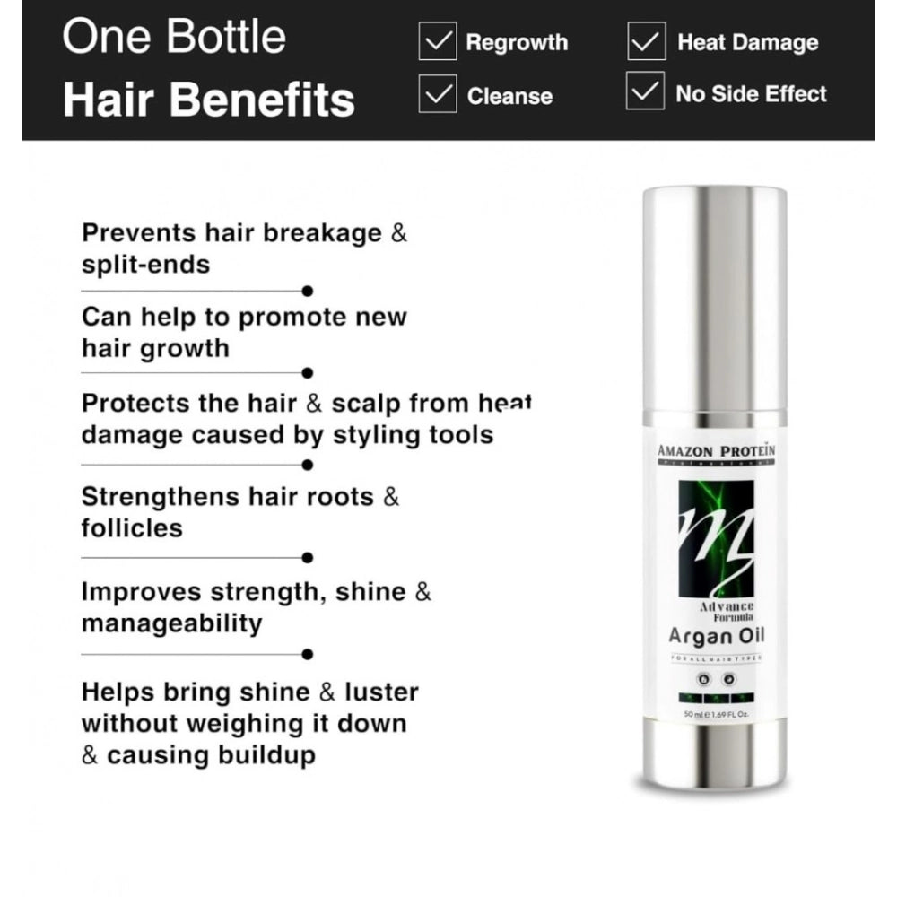 Unisex argan oil (50ml) restores shine, softness, and strength for all hair types on vanity table