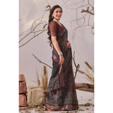 Women's Faux_Linen Printed Saree With Unstitched Blouse 5.5Mtr (Brown)