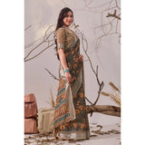 Women's Faux_Linen Printed Saree With Unstitched Blouse 5.5Mtr (Slate_Grey)