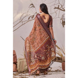 Women's Faux_Linen Printed Saree With Unstitched Blouse 5.5Mtr (Bronze)