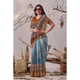 Women's Faux_Linen Printed Saree With Unstitched Blouse 5.5Mtr (Blue)