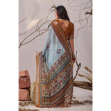 Women's Faux_Linen Printed Saree With Unstitched Blouse 5.5Mtr (Blue)