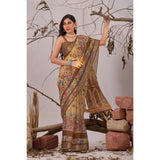 Women's Faux_Linen Printed Saree With Unstitched Blouse 5.5Mtr (Beige)