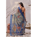 Women's Faux_Linen Printed Saree With Unstitched Blouse 5.5Mtr (Navy_Blue)