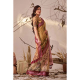 Women's Faux_Linen Printed Saree With Unstitched Blouse 5.5Mtr (Mustard)