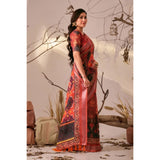 Women's Faux_Linen Printed Saree With Unstitched Blouse 5.5Mtr (Red)