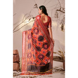 Women's Faux_Linen Printed Saree With Unstitched Blouse 5.5Mtr (Red)