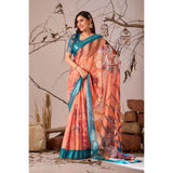Women's Faux_Linen Printed Saree With Unstitched Blouse 5.5Mtr (Peach)