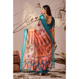 Women's Faux_Linen Printed Saree With Unstitched Blouse 5.5Mtr (Peach)